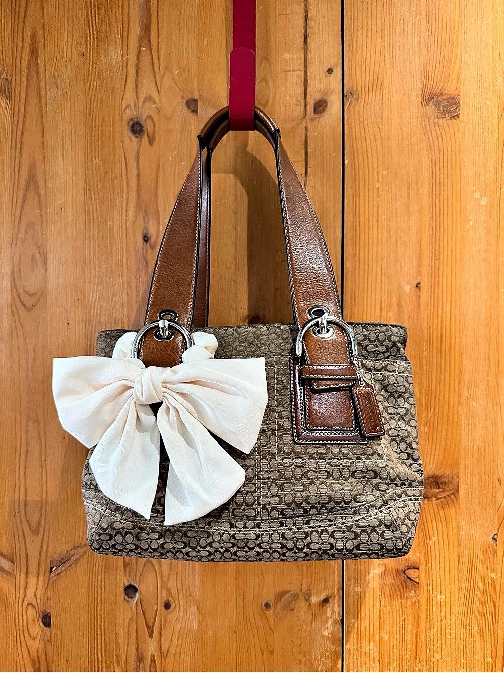 Coach Signature Jacquard Brown Leather Shoulder Tote Bag Y2K